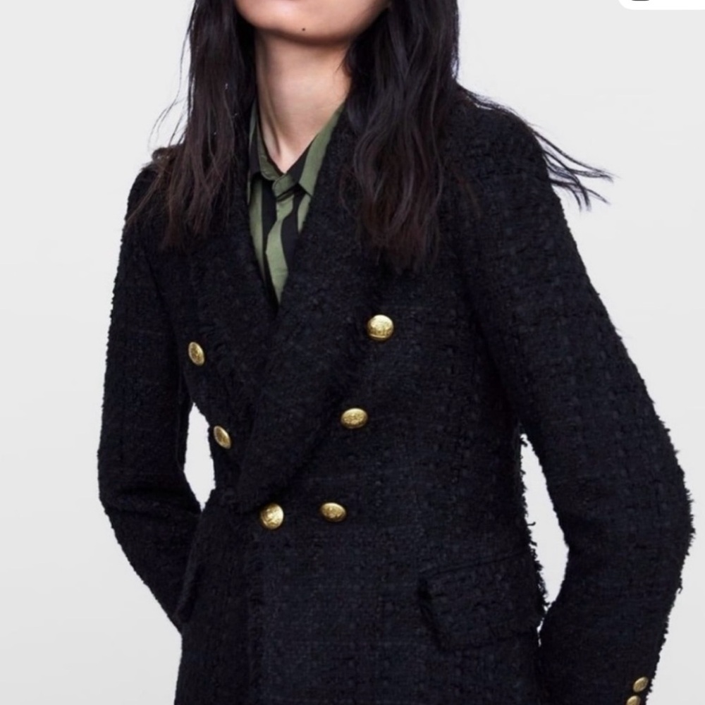 Zara Black Textured Blazer with Gold Buttons